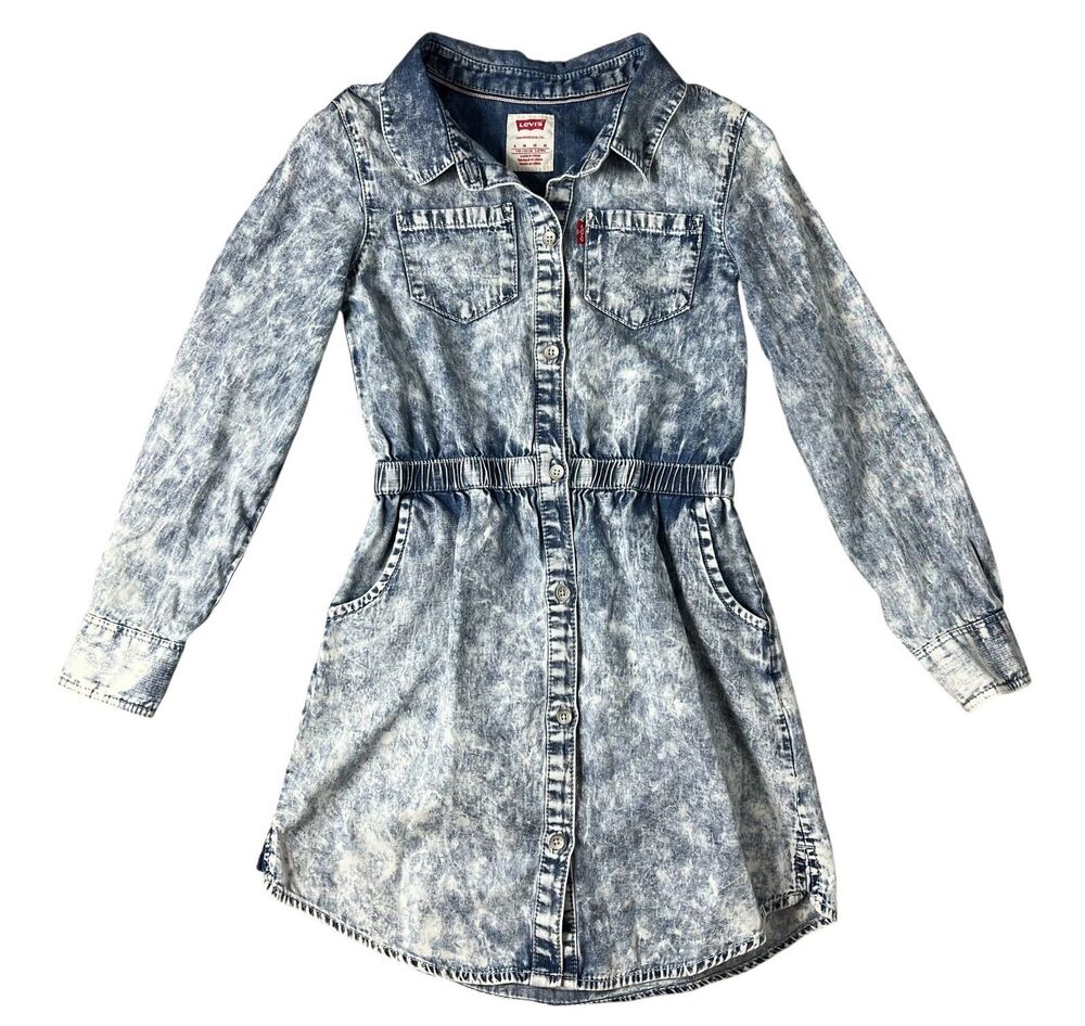 Levis Youth Girls Acid Wash Denim Shirt Dress w Pockets  Size 6  Cowgirl Western